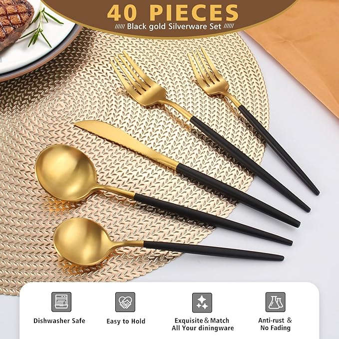 Matte Black Gold Silverware Set, Oliviola 40-Piece Stainless Steel Flatware Cutlery Set Service for 8, Satin Finish Kitchen Utensil Set, Dishwasher Safe