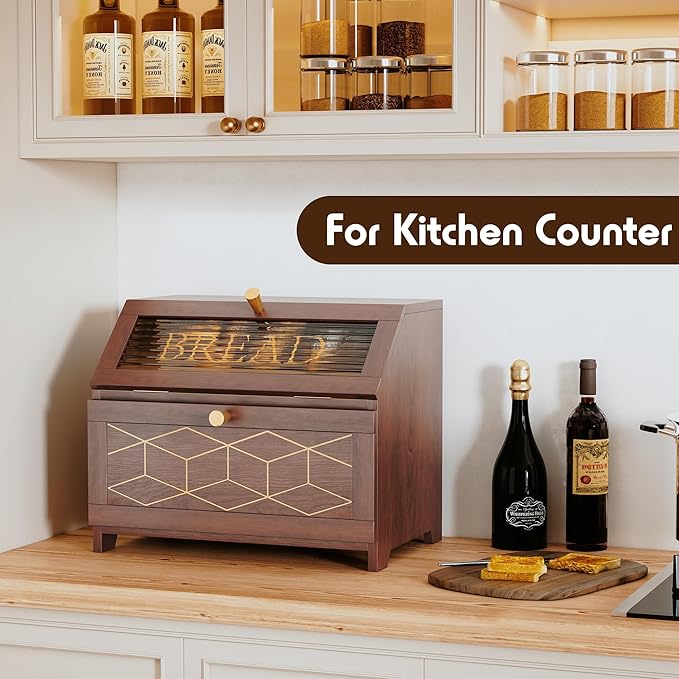 Double Layer Bread Box With Golden Trim for Countertop, Wooden Bread Container for Kitchen Counter, Corner Bread Storage, Brown