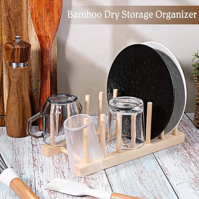 SHENLIU 8 Pcs Bamboo Wooden Plate Rack, 6 Slots Plate Organizer Dish Drying Rack Stand Drainer for for Kitchen Pot Lid Bowl Cup Book Cutting Boards