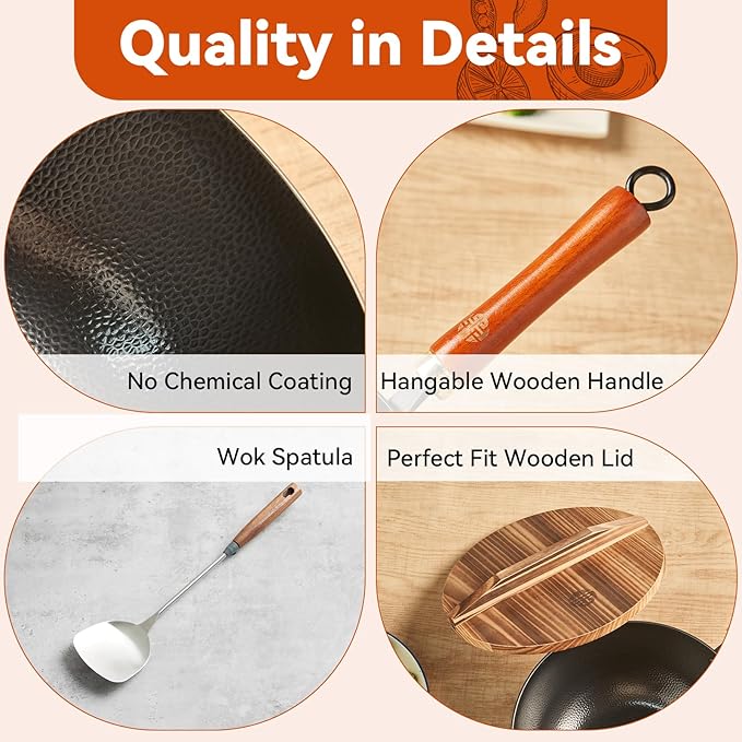 WANGYUANJI 8.6-Inch Small Iron Wok with Wooden Lid and Stainless Spatula, Deep Flat Bottom One-Person Stir Fry Pan, Coating-Free Carbon Steel Wok for Induction, Gas and Electric Stoves