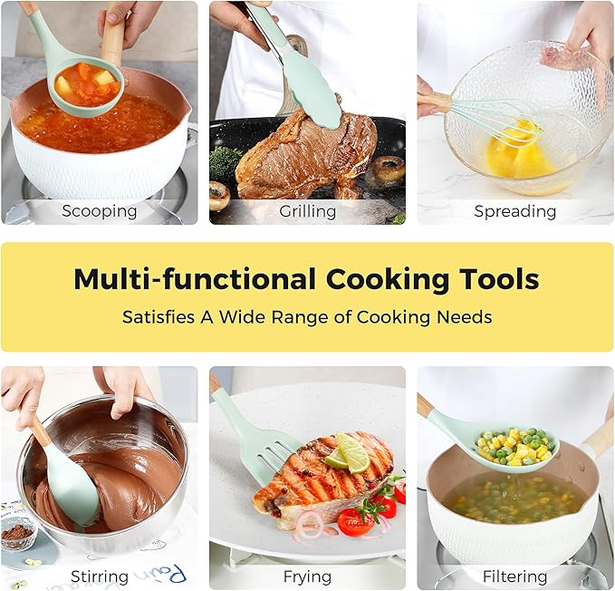 Kitchen Utensils Set with Wooden Handle, 26 Pieces Heat Resistance Silicone Cooking Utensils Set with Holder, Food Grade Non-Stick Silicone Spatula, Kitchen Set for Cooking (Light Green)