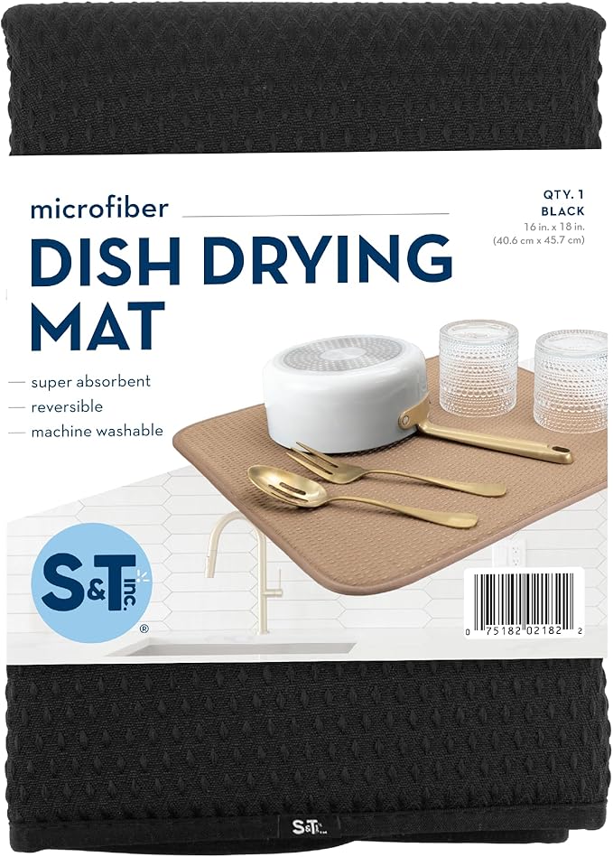 S&T INC. Dish Drying Mat, 16” x 18”, Absorbent Microfiber Kitchen Counter Mat, Drying Pad for Dishes, Utensils, Pots and Pans, Large, Diamond Texture, Black