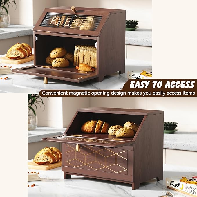 Double Layer Bread Box With Golden Trim for Countertop, Wooden Bread Container for Kitchen Counter, Corner Bread Storage, Brown