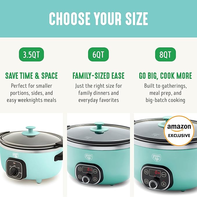 GreenLife 6QT Ceramic Slow Cooker, PFAS-Free, Programmable, Removable Healthy Nonstick Pot for Family Meals, Sear on Stovetop, Keep Warm, Digital Timer, Dishwasher Safe Crock, Turquoise