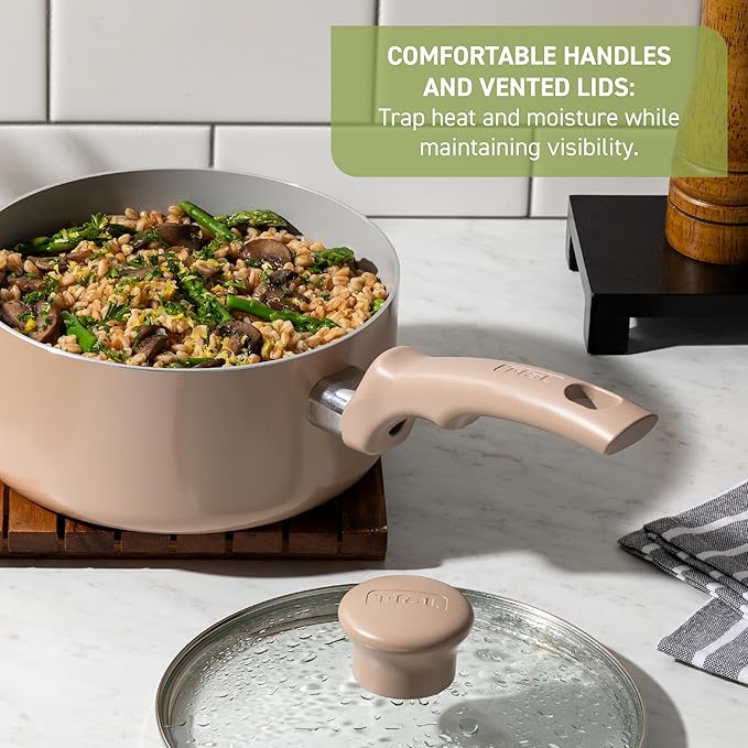 T-Fal Refresh Ceramic Nonstick Cookware Set, 12-Piece, Oven Safe to 350°F, Includes Stockpot, Griddle, Frying Pans, Utensils, Ceramic Pots and Pans Set, Sand Beige