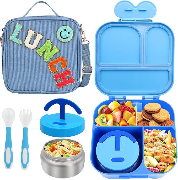 Lunch Box with Bento Box with 4 Compartment, with Leak Proof Thermo Food Jar, Preppy Corduroy Insulated Lunch Bag for Boys Girl Kids Teens School Travel Picnic (Blue)