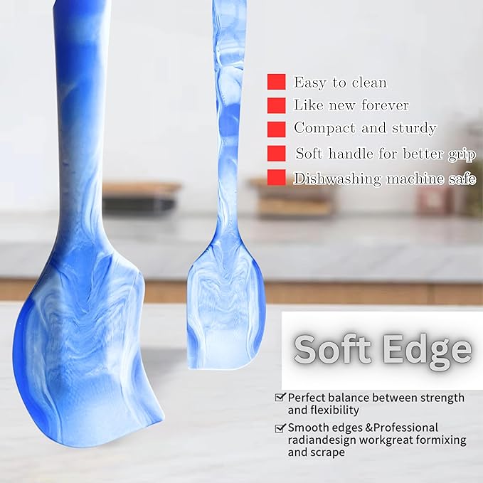 Premium Silicone Marbled Spatula Set of 6 – 446°F Heat-Resistant One-Piece Steel Core, Non-Stick Kitchen Tools for Baking, Cooking & Mixing – Dishwasher Safe (Blue)