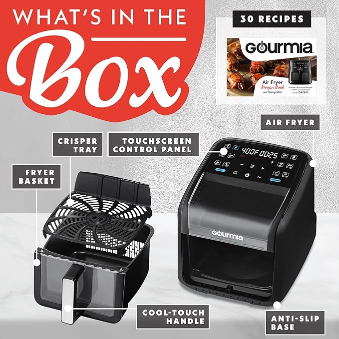 Gourmia Air Fryer 7 QT - Easy View Panoramic Window & Interior Light, Guided Cooking with 12 One-Touch Presets, FryForce 360, Dishwasher Safe Accessories, Black