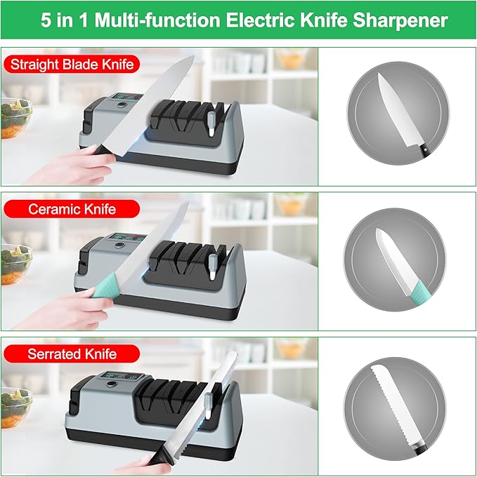 5 in 1 Electric Knife Sharpener-3 Rotational Speed Adjustable Electric Knife Sharpeners, Suitable for Straight Blade Knives, Serrated Knives, Meat Cleaver Knives, Ceramic Knives&Scissors