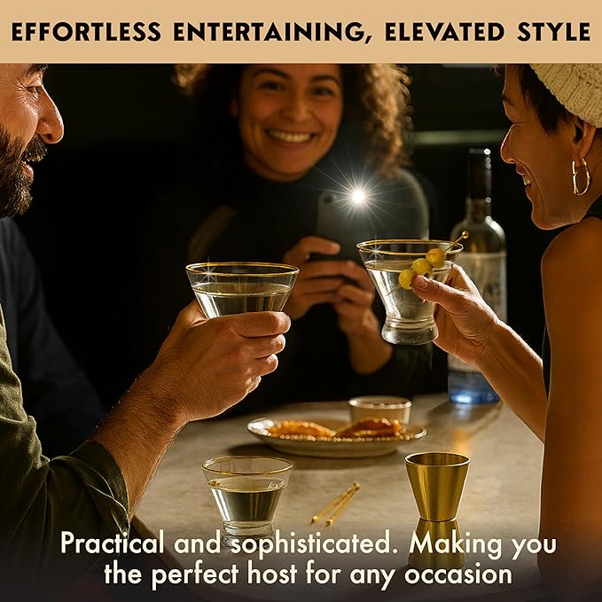 VEMACITY - Stemless Martini Glasses Set of 4 with Gold Rims & Bar Tools - Crystal Cocktail Glasses for Espresso Martinis, Margaritas - Includes Gold Jigger & 4 Picks | Ideal for Christmas & New Years