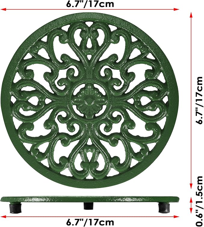 Sumnacon Cast Iron Trivet 6.7 Inch Iron Trivet for Hot Dish Pot Pan Plate Teapot,Heat Resistant Cast Iron Trivets with Rubber Feets for Kitchen Dining Table Cooktop Stove,Retro Green