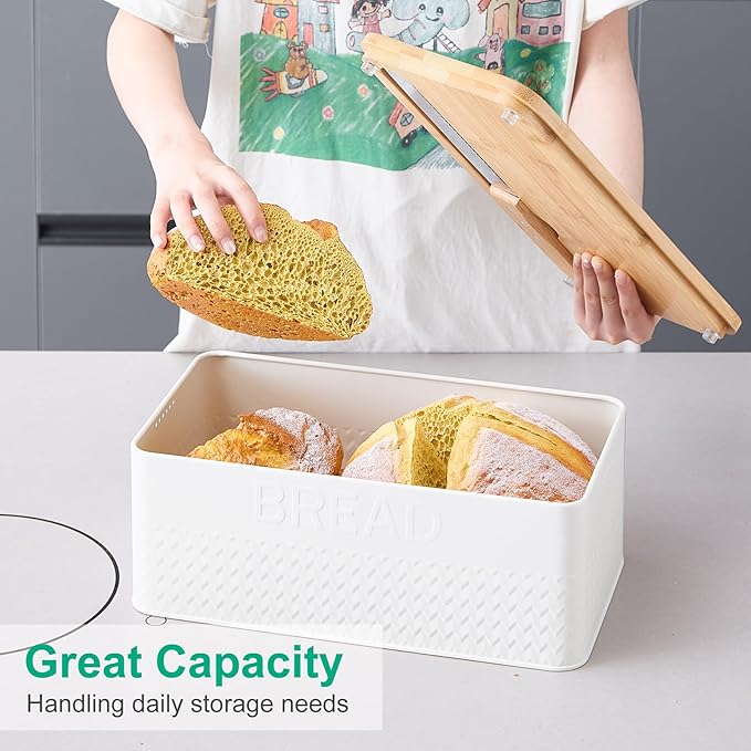Bread Box for Kitchen Countertop, Large Bread Storage Container with Bamboo Lid, Iron Farmhouse Bread Box for Your House, White