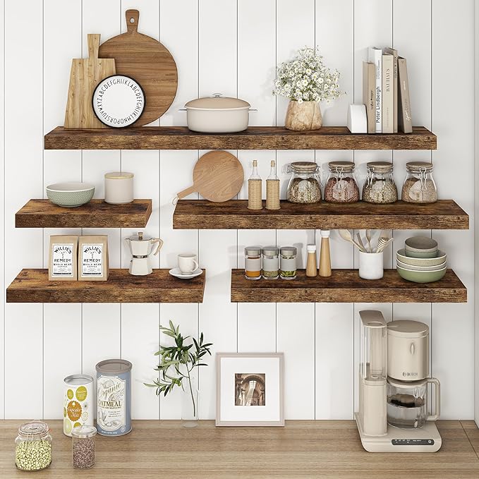 Fun Memories Floating Shelves - 2 Pack 9.3 Inch Deep Rustic Wooden Wall Shelves - Wall Mounted Storage Shelf with Invisible Brackets, 24" W x 9.3" D x 1.6" H - Rustic Brown