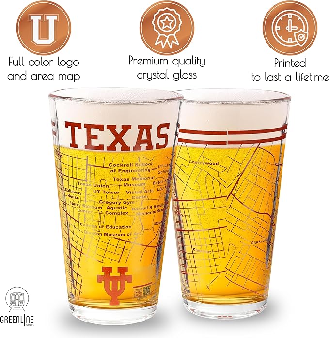 Greenline Goods – University of Texas Longhorns College Pint Beer Glasses (Set of 2), 16 oz – Full-Color Logo + Campus Map