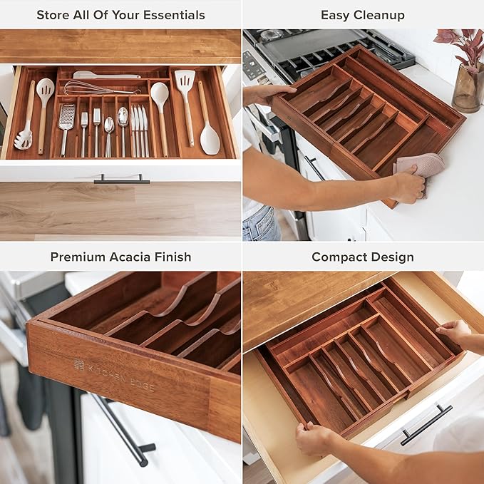 KitchenEdge Premium Silverware, Flatware and Utensil Organizer for Kitchen Drawers, Food-Safe Contract Grade, Expandable from 18 to 33 In, Natural Acacia