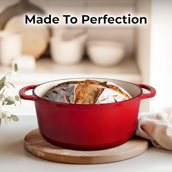 Zulay Kitchen 7.7 Quart Enameled Cast Iron Dutch Oven Pot with Lid – Premium Durability & Oven Safe up to 500°F – Heavy Duty Cookware Perfect for Bread Baking, Stews, Braising & Roasting – Red
