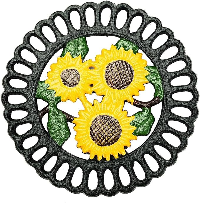 Sungmor Heavy Duty Cast Iron Trivet,Decorative Painting Trivet for Kitchen or Dinning Table,7.5x7.5 Inch - Round with Vintage Lovely Sunflower Pattern