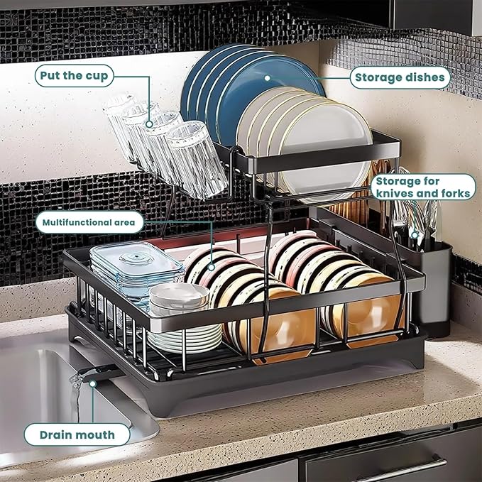 Large 2-Tier Dish Drying Rack for Kitchen countertops, Removable Large-Capacity Dish draining Rack