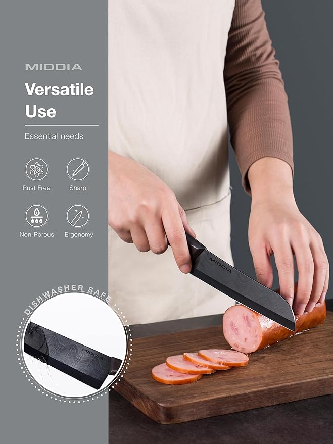Kitchen Knife Set with Peeler (3 Pieces), includes 5" Santoku Knife, 4.5" Paring Knife, Fruit and Vegetable Peeler, Ceramic Blades with Ergonomic Handle, Black Blade