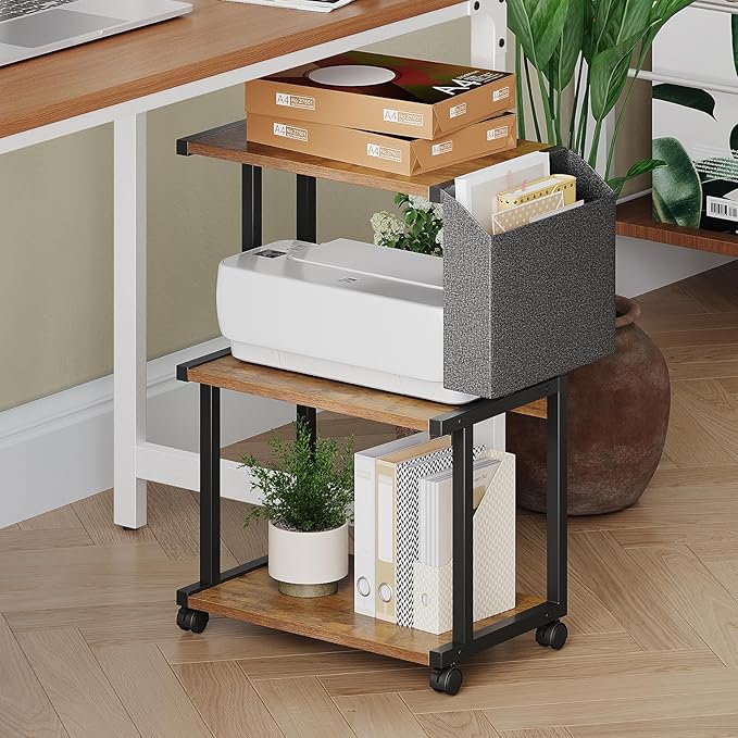 Ostreeful 3 Tier Printer Stand Rustic Brown Printer Mobile Wooden Printer Shelf Table Organizer for Home Office Kitchen