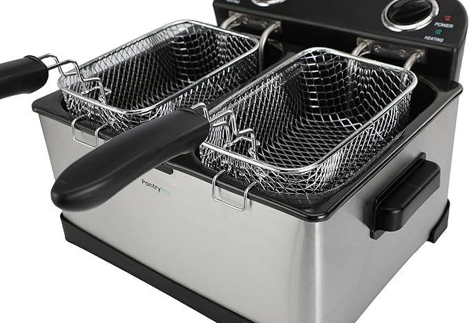 4 L / 4.2 Qt Stainless Steel Double Electric Deep Fryer 1800 W - 2 Drip-Hook Baskets - Dual Temperature Control - Vented Lids - Odor Filter by TheDisplayGuys