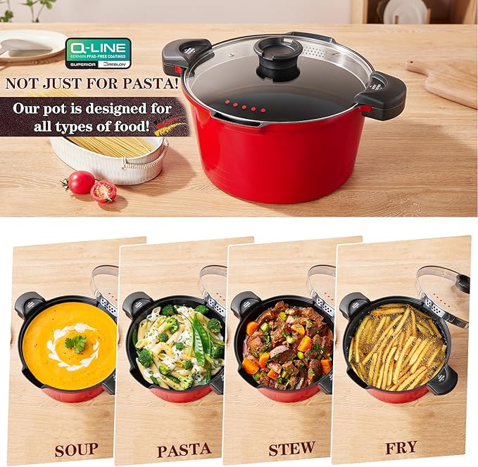 ACTIV CUISINE 5.0qt Pasta Pot with Strainer Lid, Cast Aluminum Stockpot Multipot, Nonstick Ceramic Coating make Cleanup easy with Tempered Glass Lid, Dishwasher Safe, Induction, Red