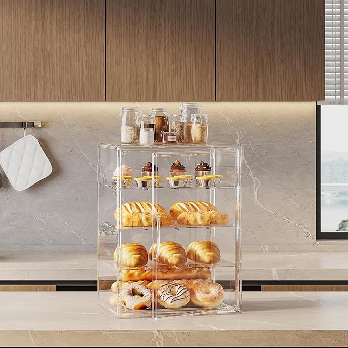 4-Tier Pastry Display Case,Large Bread Box for Kitchen Countertop, Adjustable Bread Storage Container, Bakery Display for Bread, Cookies, and Donuts, Size 15.5 * 11.4 * 9.8 Inch
