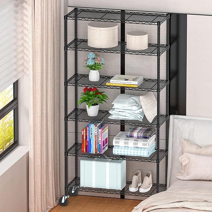 6 Tier Storage Shelves with Wheels Heavy Duty Wire Rolling Shelving Rack Organizer Garage Metal Steel Unit Adjustable Utility Commercial Sturdy Shelves for Kitchen Pantry Bathroom Closet Laundry