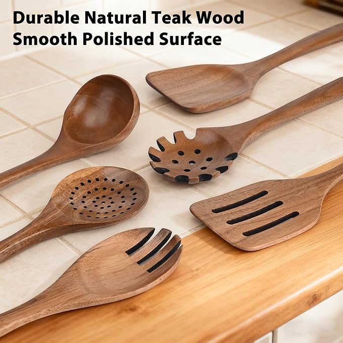 Wooden Spoons for Cooking,6PCS Teak Wood Cookware Utensil Set,Lightweight,Durable and Heat-Resistant – Easy to Clean, Perfect for Non-Stick Cookware