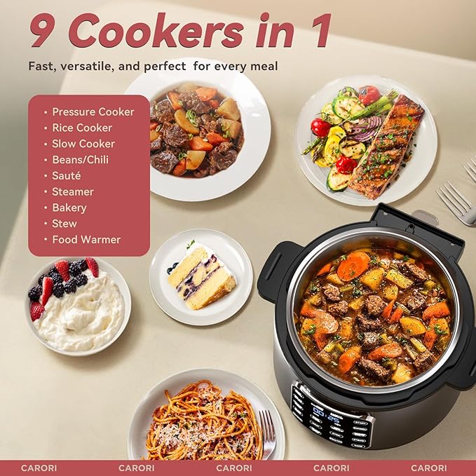 9-in-1 Electric Pressure Cooker 6 Qt, Stainless Steel Inner Pot, Programmable 12 Multi-Function Cooker with Safe Vent Design, Rice Cook, Slow Cook, Sauté, Warmer & Sterilizer, Black