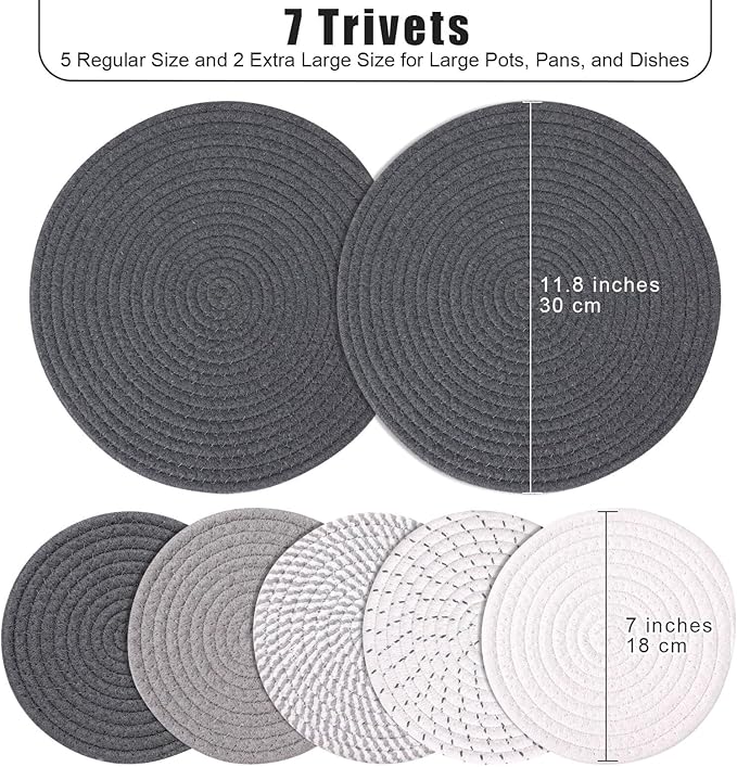 Billbotk 11.8" and 7" Hot Mats for Pots and Pans, 7 Woven Trivets for Hot Dishes, Pot Holders for Kitchen, Tabletop Accessories for Counter Heat Resistant