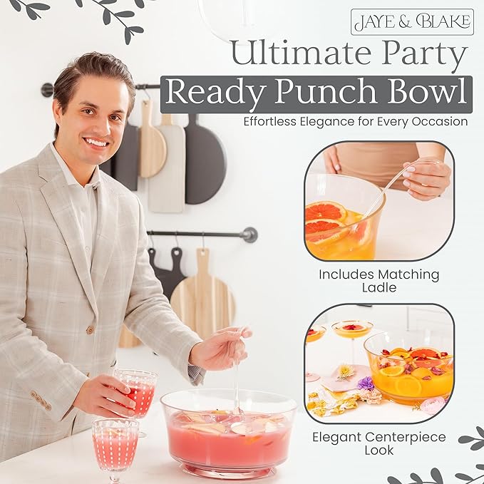 JAYE & BLAKE Premium Acrylic Punch Bowl with Ladle | 12”W x 6”H Clear Design Glass Like Quality & Durable Acrylic Bowls | 1.5 Gallon (6 quarts) Punch Bowl For Parties, Holidays, Schools, Halloween
