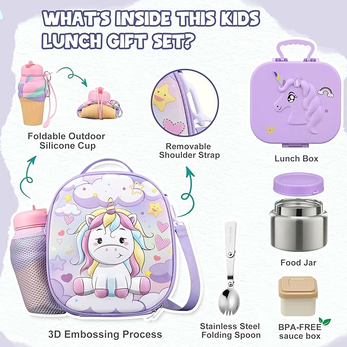 Kids Lunch Box Set -12oz Insulated Food Jar, Thermal Bag,Leakproof Lunch Food Containers Cutlery (BPA Free)-Gift for Girls/Boys Age 3-10(Purple)