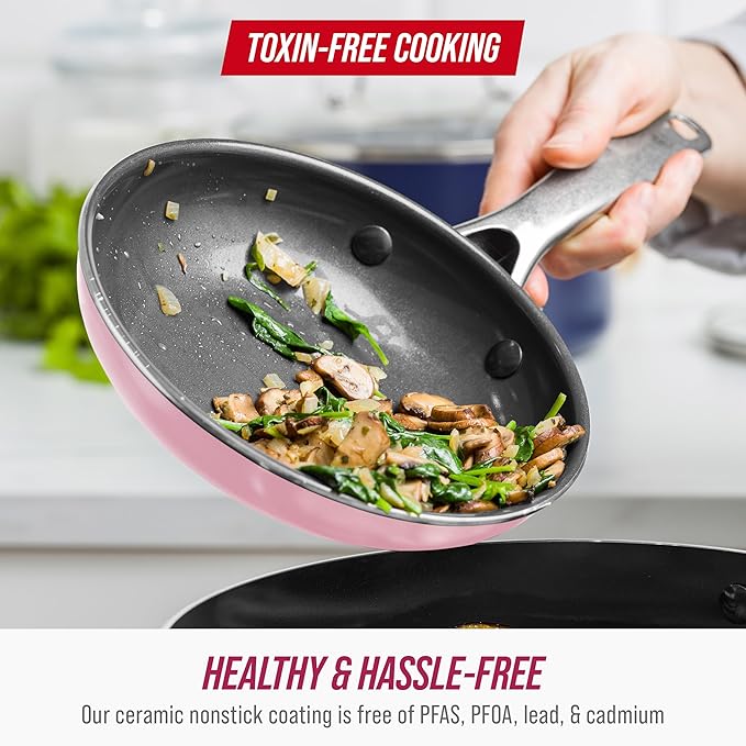 Blue Diamond Frying Pan 8” Skillet, Diamond Infused Healthy Ceramic Nonstick, PFAS and PFOA-Free, Dishwasher and Oven Safe, Even Heating, Metal Utensil Safe, Warp Control Base, Pink