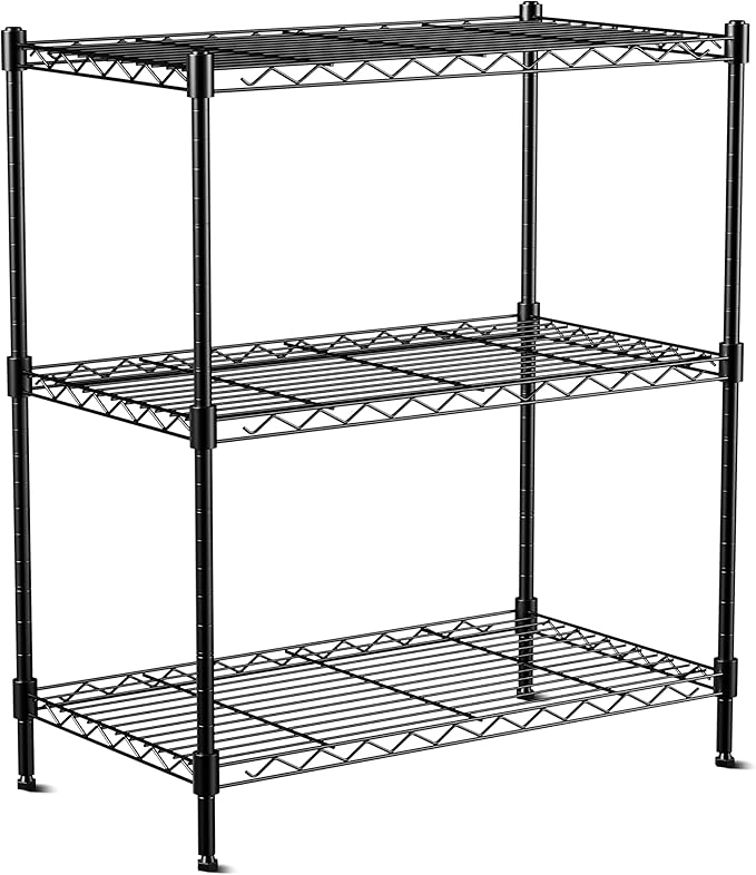 3-Tier Wire Shelf Rack,24" Dx14 Wx 30" H,Wire Metal Shelving with Lockable Wheels,Height Adjustable Storage Sranding Shelves for Kitchen,Living Room,Laundry,Office,Pantry,Studio,Black