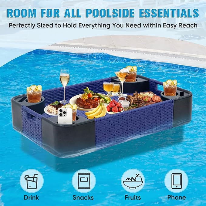 COOS BAY 35''x24'' Rectangular Floating Drink Holder for Pool and Hot Hub, Large Floating Serving Tray with Handles, Wicker Floating Pool Tray for Food and Drinks, Blue
