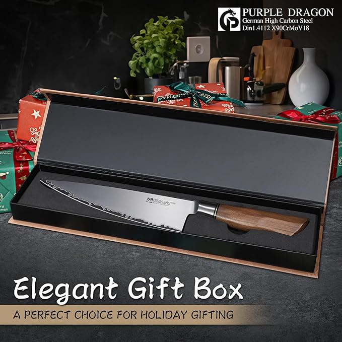 Purple Dragon Chef Knife 7.8 Inch, Ultra Sharp Japanese Kitchen Knife, German Vg10 Steel Meat Cutting Chopping Dicing Vegetables, Ergonomic Wooden Handle - Christmas Gift for Men and Women