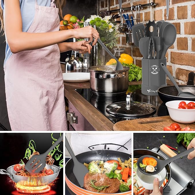 Silicone Kitchen Utensils Set, 16-Piece Silicone Cooking Utensils by Deedro, Heat Resistant Kitchen Tools Set with Holder, Nonstick Spatula Kitchen Gadgets for Cooking & Baking, Gray