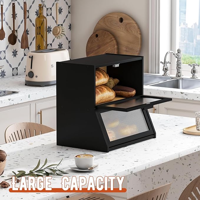 GHWIE Double Layer Bamboo Bread Box for Kitchen Counter,Large Capacity Storage Bin with Acrylic Wavy Door Panel (Black, Extra Large)