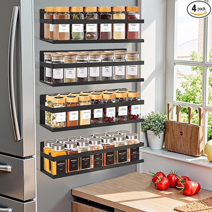 Magnetic Spice Rack for Refrigerator Seasoning Organizer for Spice Fridge Shelf storage Magnetic Shelf with Hook for Oven(4pack-Cut out-Black)