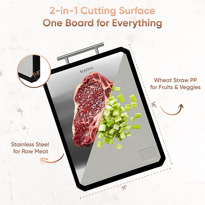 Stainless Steel Cutting Board, Heavy Duty Large 16”×11” 2-in-1 Double Sided Chopping Board for Kitchen, Food Grade Non Toxic Wheat Straw PP & Steel Surfaces, for Meat/Vegetables, Dishwasher Safe