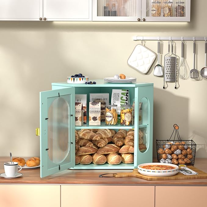 Corner Bread Box for Kitchen Countertop, Large Wooden Bread Box, Double Layer Bread Storage Bin, Bamboo Breadbox for Homemade Bread, Farmhouse Kitchen Organizer with Acrylic Window, Green