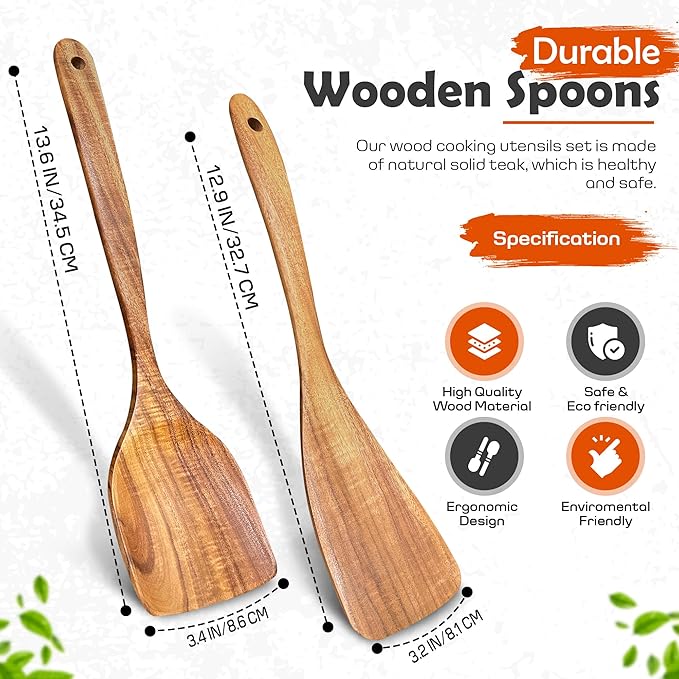 2 Pcs Wooden spoons for cooking,(Spatula & Fried Spatula). Teak wood kitchen utensils set, Long handle frying turner, Non-stick and non-scratch spurtle for backing, frying and cooking.