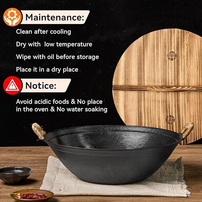 WANGYUANJI Handmade Cast Iron Wok 14.2 inch Large Woks Stir-Fry Pans with Dual Handle,Fry Pan Suitable for Induction, Electric, Gas, Halogen All Stoves-Black,Uncoated Craft Pot Healthy Cooking Wok