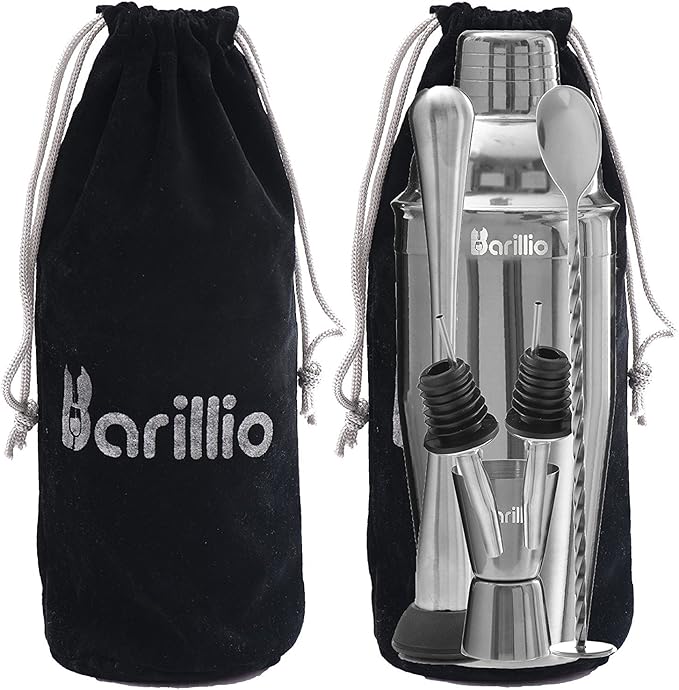 Barillio Mixology Bartender Kit - 8 pcs Stainless Steel Travel Cocktail Shaker Set with Bag - Bar Tools Set with Martini Shaker, Drink Mixer Spoon & Mojito Muddler for Cocktails, Pourers & Jigger