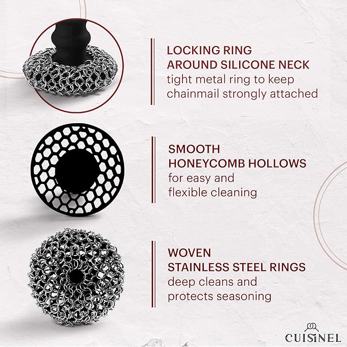 Cuisinel CAST IRON CHAINMAIL SCRUBBER AND PAN SCRAPER - DELUXE ERGONOMIC STAINLES