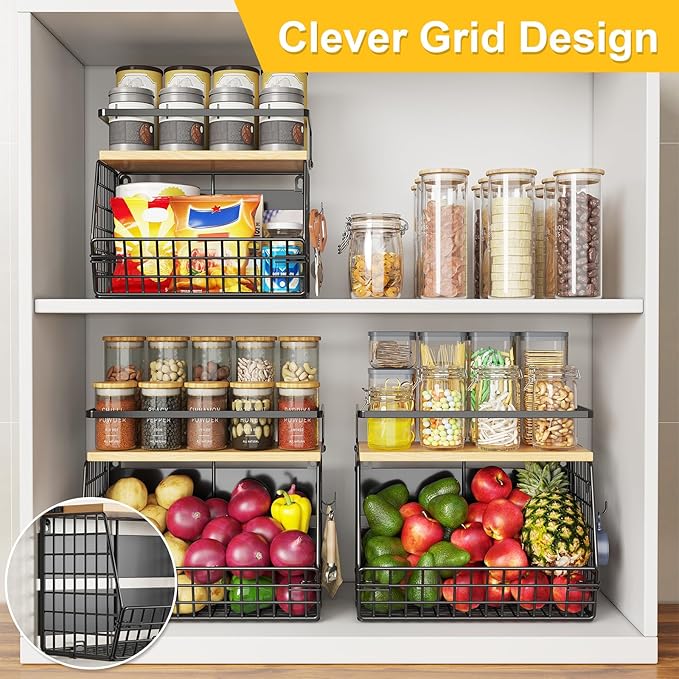 Magnetic Shelf for Fridge with Wood Lid, Fruit Onion and Potato Storage Organizers, Wall Hanging Basket with 4 Hooks, Magnetic Spice Rack for Refrigerator and Kitchen Counter