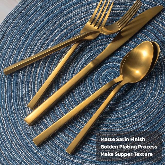 Alata Cube Gold 20-Piece Flatware Set, Forged Cutlery Set, Matte Gold Silverware Service for 4, Stainless Steel Tableware with Square Handle for Home/Restaurant, Dishwasher Safe
