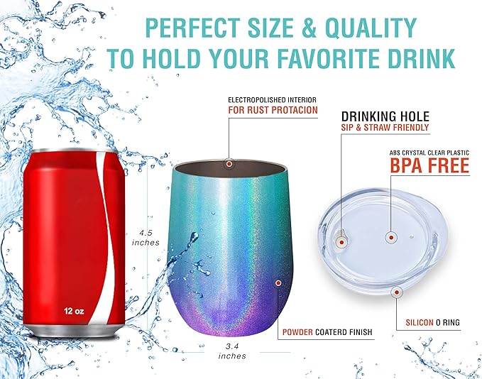 CHILLOUT LIFE 12 oz Stainless Steel Wine Tumbler with Lid - Double Wall Vacuum Insulated Wine Cup Glass Keeping Cold & Hot for Coffee, Champagne, Cocktails, Ice Cream - Mermaid Sparkle