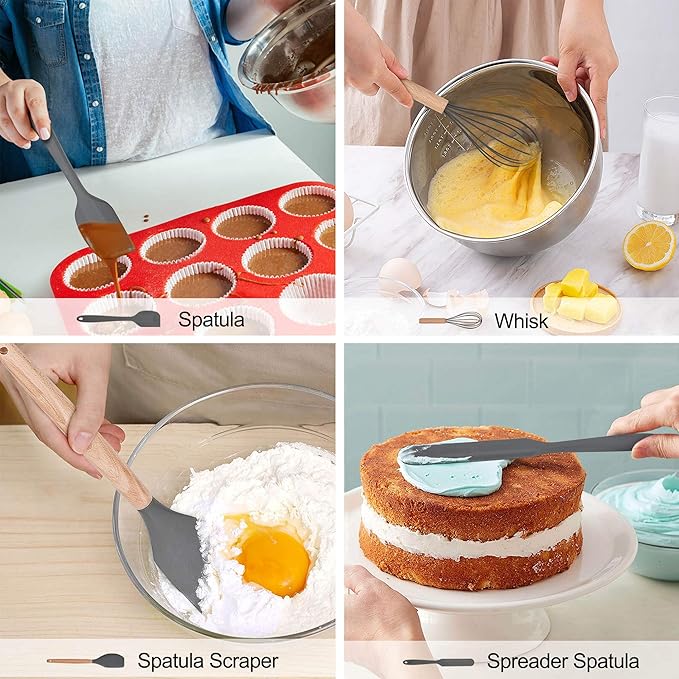 LIANYU 15-Piece Kitchen Silicone Cooking Utensils Set with Holder, Wooden Handle Kitchen Tools Include Spatula Tong Slotted Spoon Turner Whisk Brush, Black Gray